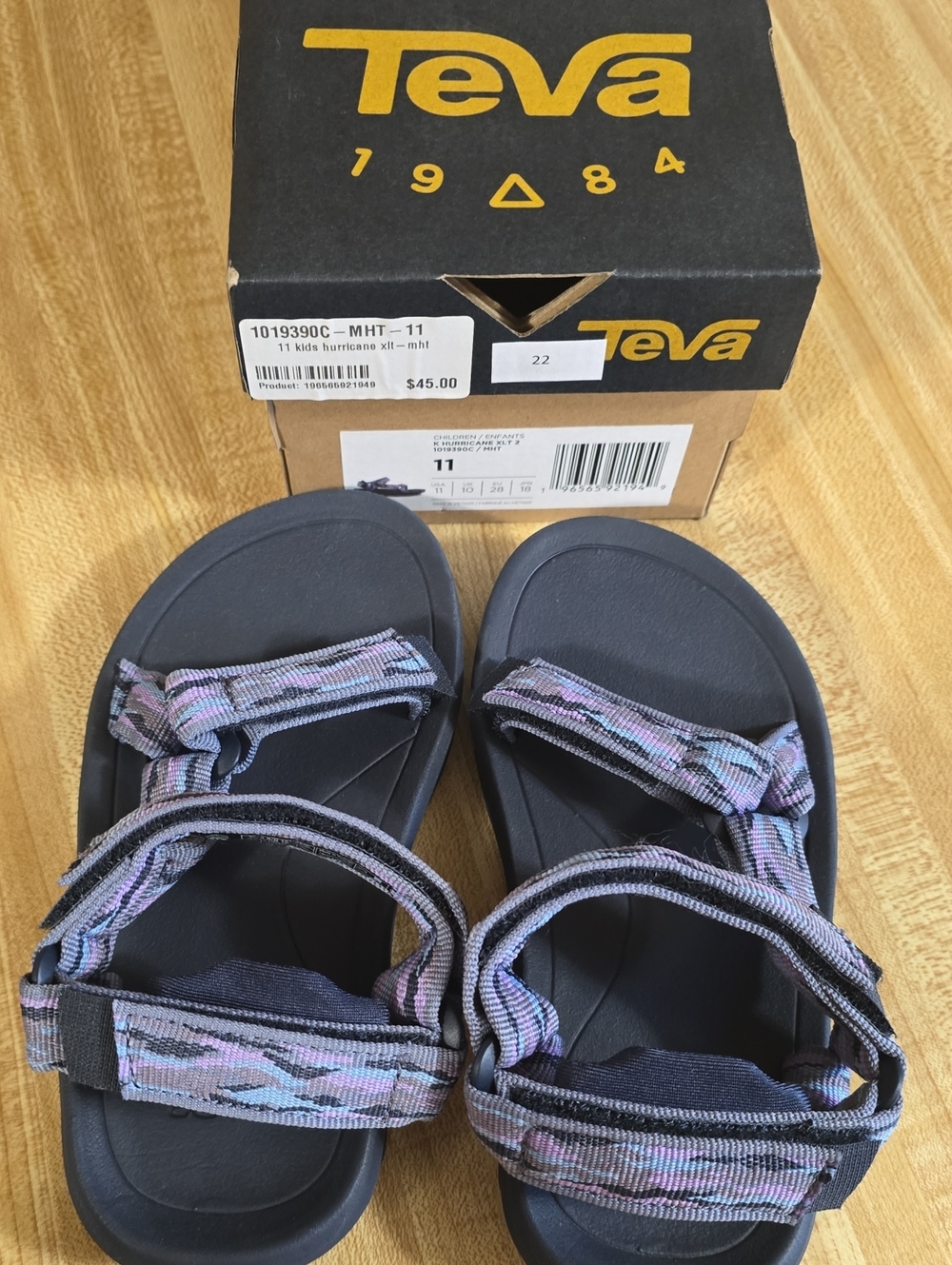 Teva Kids Black Hurricane XLT Sandals with Purple and Blue Patterned Straps